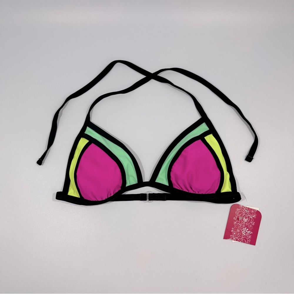 Hula Honey Pink Multicolor Color Block Triangle Swim Top New Small New